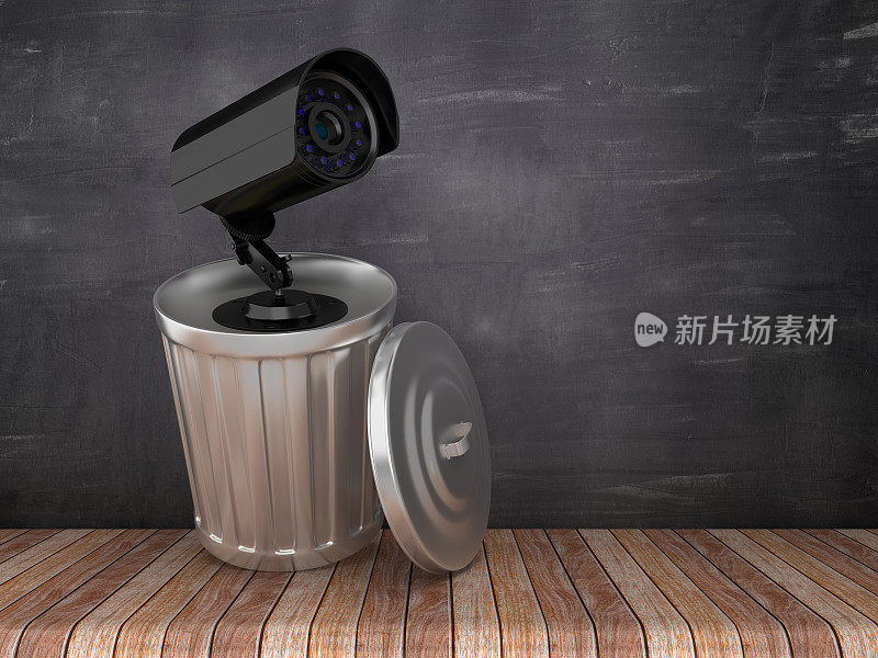 垃圾桶与安全摄像头在黑板背景- 3D渲染